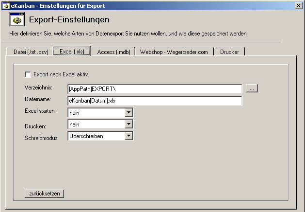 Export nach Excel einstellen